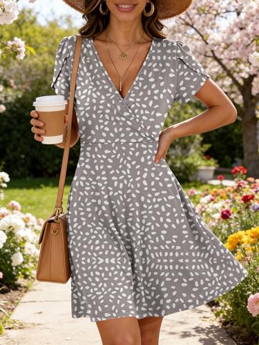 Image of ANRABESS Womens Summer Dresses Short Sleeve Wrap Deep V Neck A-Line Floral Dress Causal Flowy Boho Beach Vacation Sundress