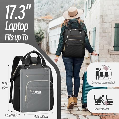 17.3" Laptop Backpack for Women, Stylish Backpack Purse, Waterproof Teacher Nurse Backpack, College Casual Daypack with USB Port, Black2