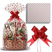 Teenyyou 24 Pcs Christmas Cellophane Bags, X-Large 24 x 30 inches & 2.5 Mil Thickening Plastic Gift Wrap Cellophane Bags with 24 Pull Bows for 2025 Christmas Baskets Gift Wrapping(Dot)