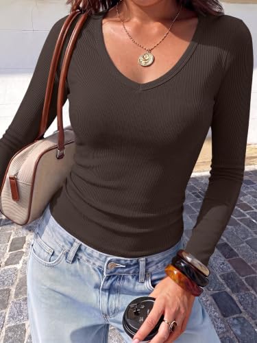 Image of ANRABESS Long Sleeve Shirts for Women Fall V Neck Slim Fit Tops Basic Tee