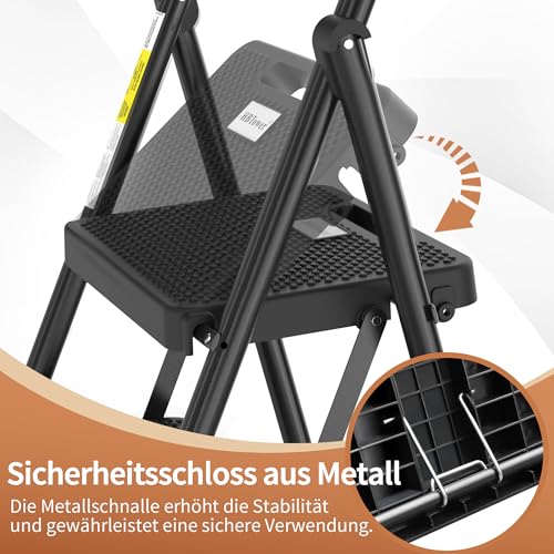 HBTower Trittleiter 3 Stufen klappbar, Leiter mit Breitem Anti-Rutsch-Pedal, Trittleiter mit Bequemer Handlauf, Tragbarer Tritthocker aus Stahl, Schwarz