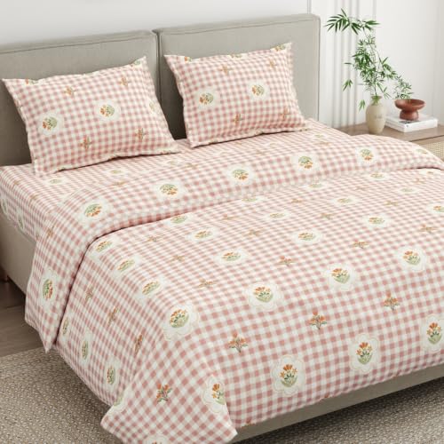 Image of Haus & Kinder Double Bed Bedsheet for Queen Size Bed, Queen Size Bed Sheet with 2 Pillow Covers 90 Inch x 100 Inch | Premium Soft & Silky Pure Cotton 186 TC Double Bedsheet | Floral Gingam