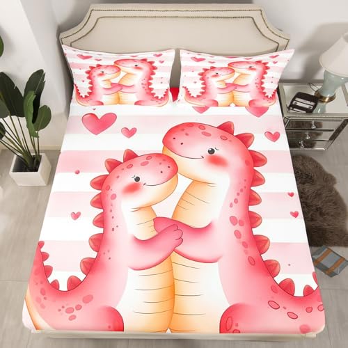Cartoon Animal Girly Fitted Sheet Queen Size Kawaii Cute Dinosaur Princess Bedding Sheet Set No Top Sheet,Pink Dino Bed Cover Ultra Soft Breathable Bedding 3 Pcs