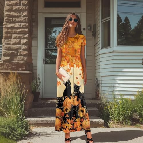 Women's Dress Crewneck Short Sleeve A-Line Dress Causal Long Sundress Summer Beach Clothes with Pockets4