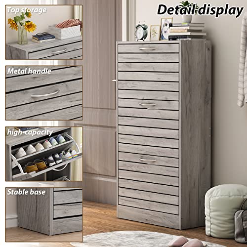 Agoteni Shoe Cabinet, Grey Narrow Shoe Cabinet With 3 Flip Doors & Adjustable Shelf, Modern Shoe Storage Cabinet For Entryway Hallway (22.4”W X 9.4”D X 42.3”H) #TOP5