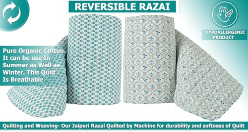 Image of SANMARINO Jaipuri Razai Single Bed Reversible Cotton Quilt | Traditional Ethnic Floral Print Dohar | Lightweight AC Comforter with Pure Cotton Filling | All-Season Blanket (Teal Blue)