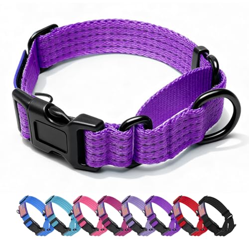 Image of Martingale Dog Collar Reflective NO Pull with USA Flag, L,Purple | Escape Proof without choking,Adjustable Limited Slip Collar with Quick Release Buckle, Nylon Walking Collar for S M L Dogs