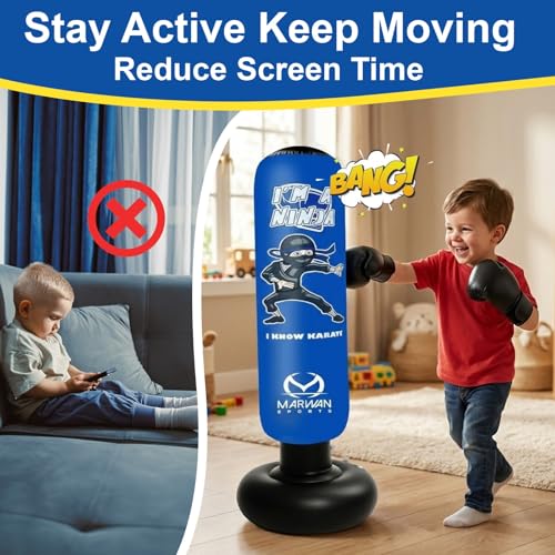Image of Marwan Sports Ninja Kids Punching Bag - Inflatable Sensory Toy & Birthday Gift for Boys & Girls Ages 4-12, 63 inch Freestanding 5-in-1 Kit, Indoor Apartment-Quiet Sensory-Friendly Active Play