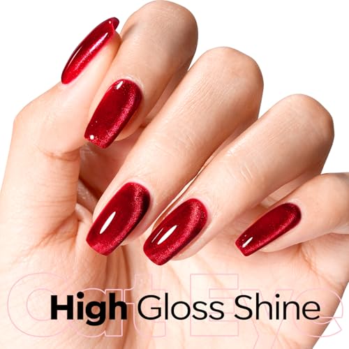 Image of modelones Red Cat Eye Gel Polish Burgundy Red Gel Polish Magnetic Glitter Holographic Ruby Red Gel Nail Polish Valentine Reflective Jelly UV Gel 15 ML
