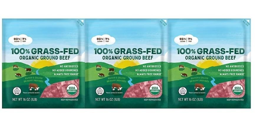 Organic Grass Fed 93% Ground Beef, is U.S. inspected and passed by Department of Agriculture. Safe Handling Instructions: Keep refrigerated or frozen. 3 PK * 1 LB .. Total Weight [ 48 oz, 3 lb ]