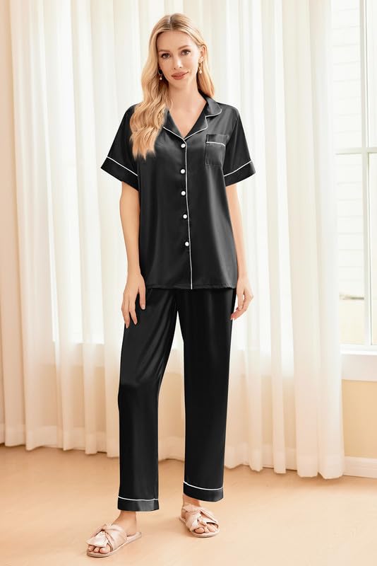 Image of Ekouaer Silk Pajamas for Women Set Satin Soft Short Sleeve Button Down Pjs | 3 Piece Loungewear,Comfy Sleepwear,Silky Smooth Fabric,Gift for wedding,Bridal Party,Coffee Time,Vacation