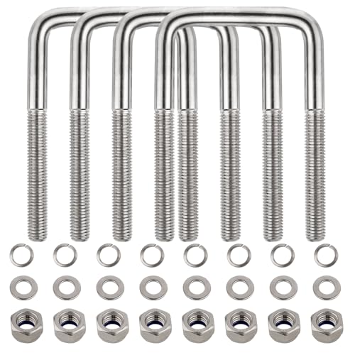 4 Sets 304 Stainless Steel Square U-Bolt Kits Heavy Duty U-Bolt with Nuts Flat and Lock Washers for Boat Trailers Automobiles Trailers Ski Boats and Sailboat Trailers (1/2 D x 3-1/16 W x 5-5/16 L)