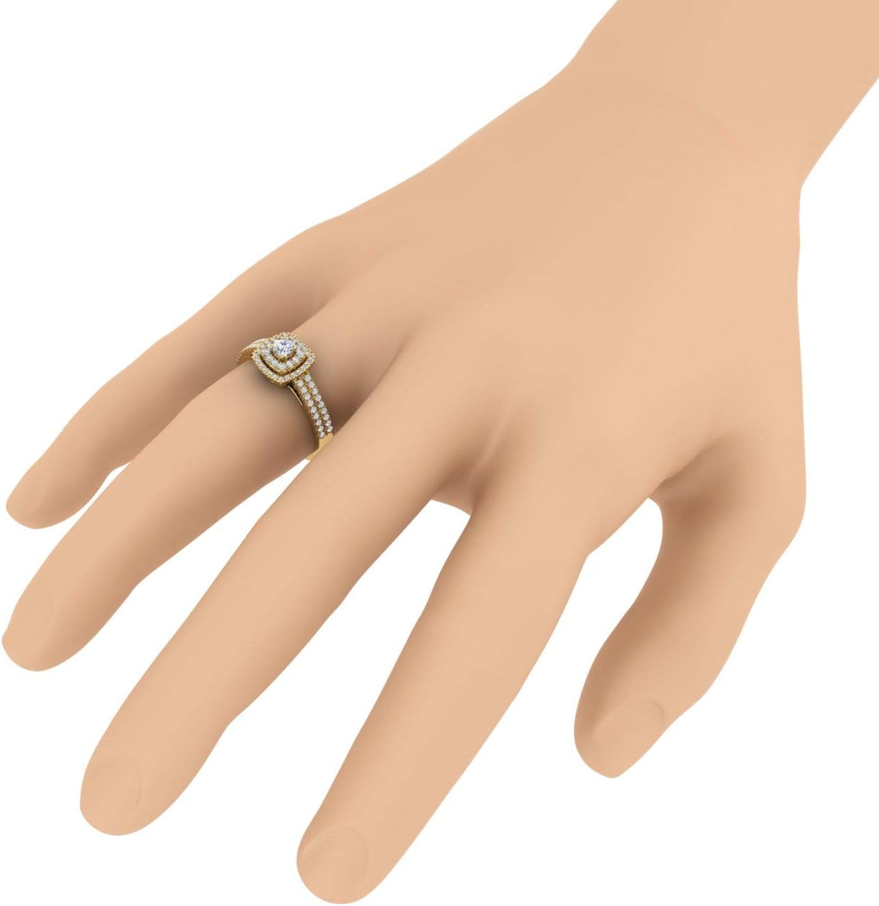 1/2 Carat Round Diamond Double Halo Engagement Ring in 10K Gold - pave Split Shank Ring for Women