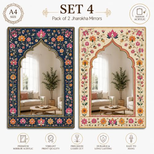Image of American Elm Pack of 2 Jharokha Mirror Wall Decor for Home Decor Living Room Bedroom and Entryway Indian Floral Arch Acrylic Mirror Wall Hanging