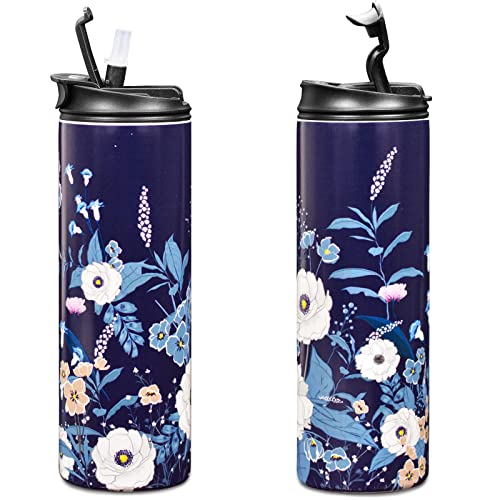 Wslucko 20Oz Stainless Steel Tumbler, Double Wall Vacuum Insulated Beverage Tumbler, Vacuum Travel Coffee Mug, Floral Tumbler With Straw Lid & Cleaning Brush,White Flowers #TOP3