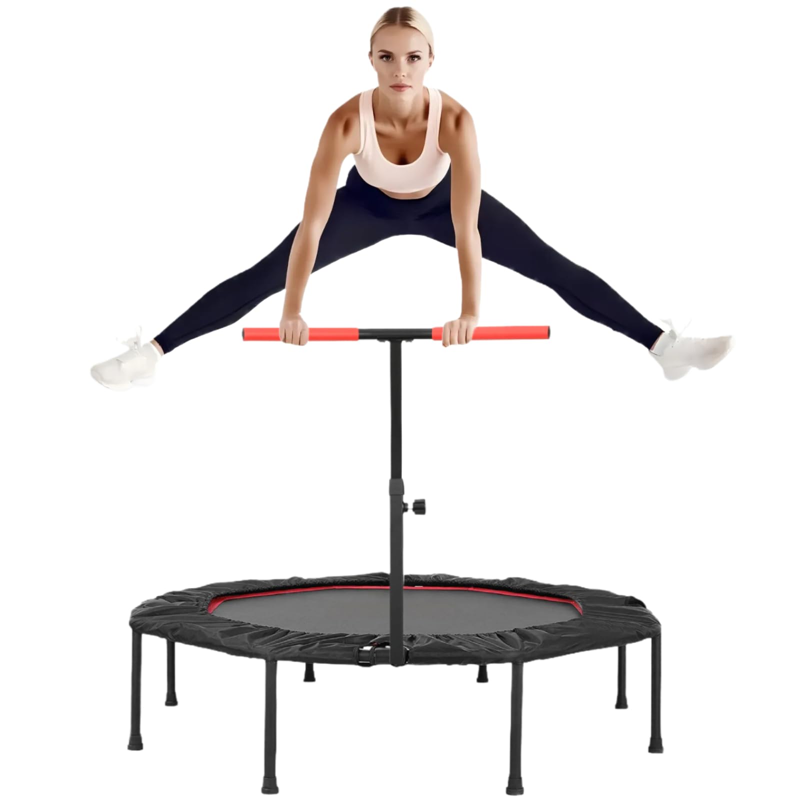 LIFERUN Trampolín De Fitness, Ø 128cm Trampolín Octogonal Plegable Cama Elástica con Mango Ajustable de 5 Niveles, Trampolin para Interior y Exterior, Peso Maximo 150 kg