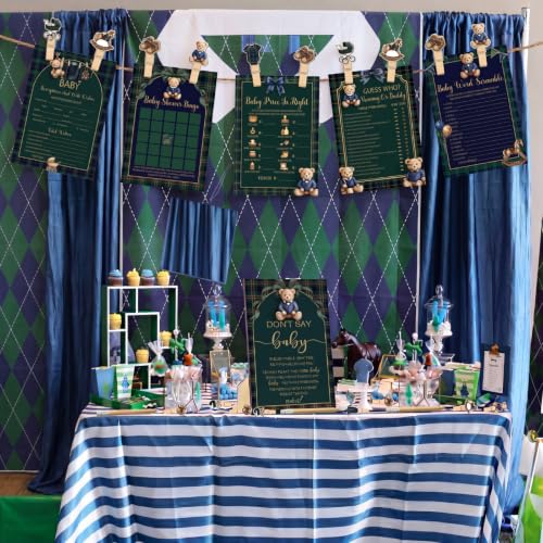 Image of Patelai 321 Pcs Luxury Equestrian Bear Baby Shower Decorations 5 Set Blue Green Tartan Plaid Party Supplies Bingo Game Don't Say Sign Clothespin for Berry Sweet Gender Reveal Vintage Party Supplies