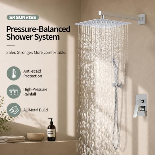 Image of SR SUN RISE Shower Faucet Set 12-Inch Rainfall Shower Head Polished Chrome