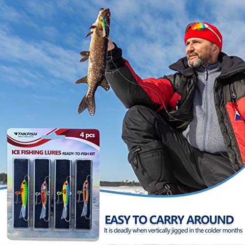 Thkfish Ice Fishing Jigs Ice Fishing Lures Ice Fishing Gear For Crappie, Panfish, Walleye, Bluegill Vertical Jigs Kit Ice Fishing Tackle 4Pcs 10G(3/8Oz) #TOP7