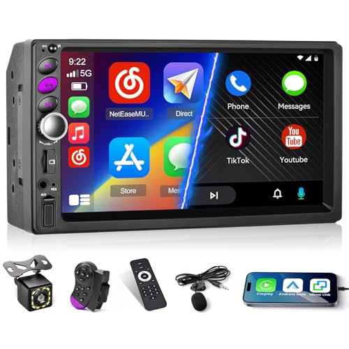 Hikity FM EQ Radio 2 DIN Radio de Coche Carplay Android Auto, Pantalla Táctil de 7 Pulgadas Bluetooth Radio con Cámara de Visión Trasera, Soporte SWC, Mirror Link, USB AUX in SD Card