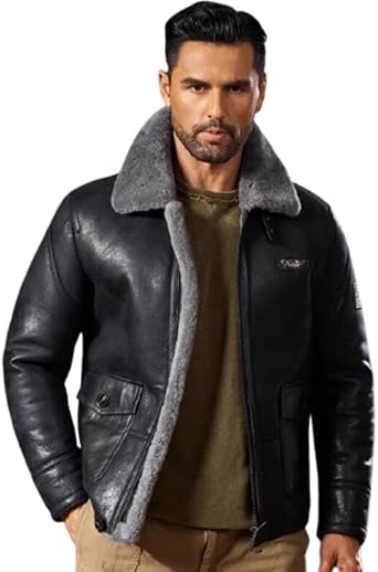 Denny&Dora Mens Shearling Jacket Air Force A2 Leather Jacket Lapel Mens Genuine Leather Jacket Thickened Winter Coat