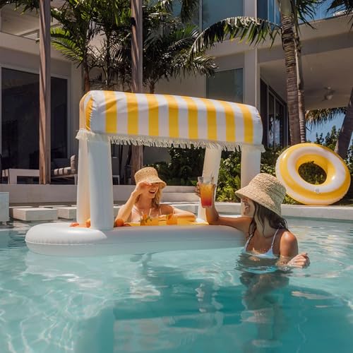 Giant Floating Yellow Cabana Stripe Drink Station, Removable Fabric Shade with Fringe, Perfect for Parties, Table-Top Decorations and in-Pool Refreshments. by FUNBOY - Image 3