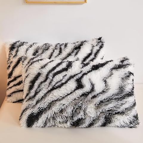 LIFEREVO Zebra Print Faux Fur Pillow Shams Cover