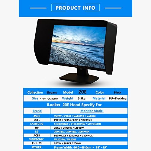 20E 19~20 inch LCD LED Video Monitor Hood Sunshade Sunhood for Dell HP Viewsonic Philips Samsung LG EIZO NEC ASUS ACER BENQ AOC Lenovo, Fits Monitor Frame Width 455-480mm — 사진 2