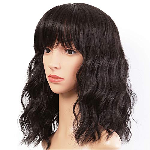 ANDRIA Short Bob Wigs with Bangs for Black Women Short Curly Wigs Glueless Natural Wavy Wig Synthetic Fiber Hair Bob Wig With Bangs Black Wigs for Women Black Hair Short Wavy Wigs Cosplay Wigs 14 Inch