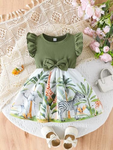Image of Girls Fit & Flare Dress with Bow | Ribbed Short Sleeve Top & Printed Flared Skirt | Butterfly Floral /Jungle Safari Print | Casual Frock for Kids (9M-4Y)(DW-235)