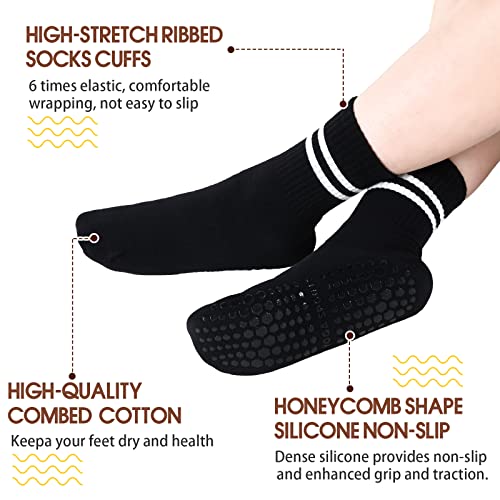 Handepo 8 Pairs Yoga Socks With Grips For Women, Non Slip Crew Neck Long Socks For Pilates Yoga, Ballet, Fitness, Barre, Dance, Household Fitness Pilates Stripe Socks, White And Black #TOP2