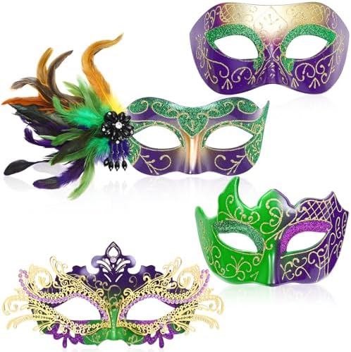 Mardi for Gras Mask with Feathers, 4PCS Masquerade Mask Party Sup...
