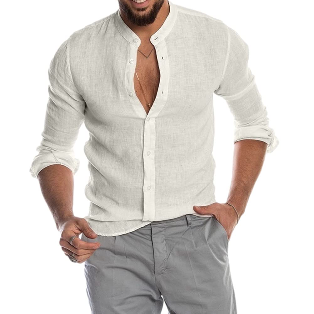 YAOTT Hombre Camisa de Lino sin Cuello Camisa Casual Cuello Mao Algodón Lino Manga Larga/Manga Corta Retro Camisa Henley Color Sólido Blusa Suelta Ocio Camisas de Trabajo Suave Cómodo Camisa de Playa