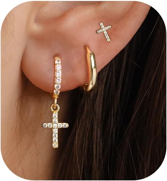 Gold Earrings Set for Women Trendy, 14K Gold Plated Cute CZ Butterfly Cross Star Bow Earrings Stacks Dainty Gold Stud Earrings Small Gold Huggie Hoop Earrings Non Tarnish Gold Jewelry for Women
