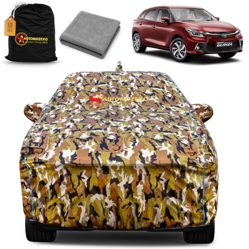 Image of Toyota Glanza 100% Waterproof Car Cover for All Weather Protection with Mirror & Antena Pocket Inner Cotton Triple Stitched Cover with Adjustable Belt Bottom Elastic to Secure Fit -Jungle