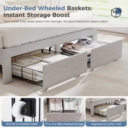 Image of Full Size Storage Bed Frame, Square Tufted Headboard, Platform Bed with 2 Underbed Drawers at Foot, Wooden Slats Support, No Box Spring Needed, Light Gray