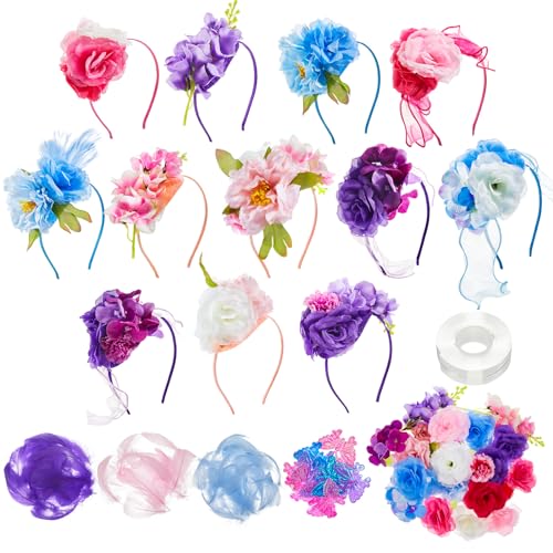 Windkream 353 Pcs Headband Making Kit for Women Include 12 Headbands 24 Fake Flowers 300 Feathers 4 Mesh Ribbons 1 Roll Double Faced Adhesive Tape 12 Butterfly Accessories for DIY Hair Tea Party Decor