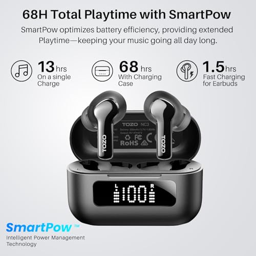 TOZO Hybrid Active Noise Cancelling Wireless Earbuds with 6 Mics AI Clear Call Ear Buds 68H Playtime with LED Display 32 Preset EQs via APP Bluetooth 5.3 IPX8 Waterproof in Ear Headphones - Image 5