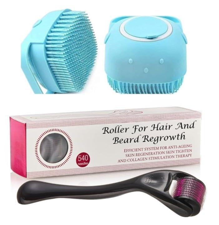TROXXON Roller For Hair & Beard Regrowth 540 Micro 0.5mm With Bath Brush Titanium Alloy Needles Reduces Hair Fall & Stimulates Hair Follicles, Safe & Effective Easy to use, Skin Care Men & Women