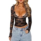 Women fairycore Lace Long Sleeve Crop Tops Sexy Bodycon See Through Low Cut Shirt Y2k Aesthetic Summer Streetwear C Black