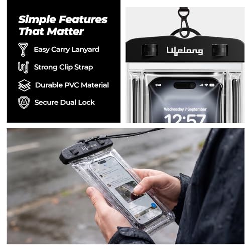 Image of Lifelong Waterproof Mobile Rain Pouch with Plastic Air Lock, Black | IPX8 Waterproof Case for Smartphiones & iPhones | Transparent Pouch for Swimming Pool, Beach, Diving | Heavy-Duty Lanyard