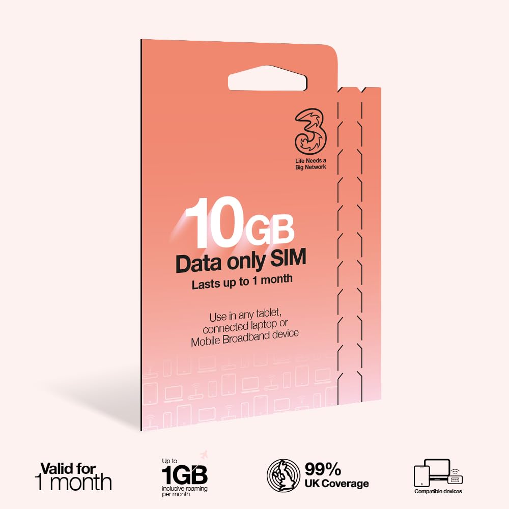 Trois Cartes SIM Haut débit Mobiles PAYG, préchargées avec 10 Go de données Qui durent jusqu'à 1 Mois