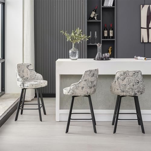 Image of Swivel Counter Bar Stools Set of 3 with Back, Fabric Kitchen Barstool