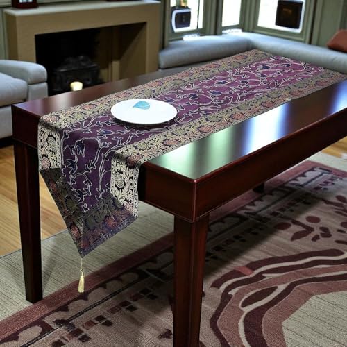 Image of Festival Decor Floral Ari Zari Embroidered Brocade Silk Premium Dining Table Runner Table Cloth Bed Runner (16x72 inches) for 6-Seater (Purple)