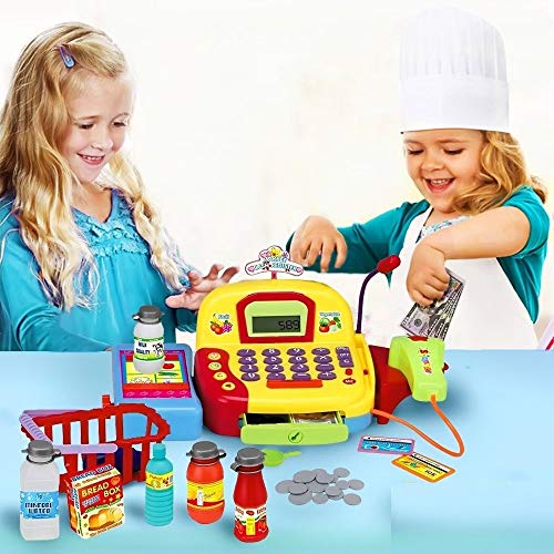 FUNERICA Play Cash Register Toy for Kids - with Working Microphone, Scanner, Calculator, Pretend Play Food Toys, Cuttable Fruits, Cashier Toy, Play Money, & Grocery Toys