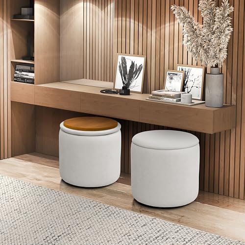 Puff Redondo com Armazenamento, Tecido Palha, Assento Estofado, Design Moderno