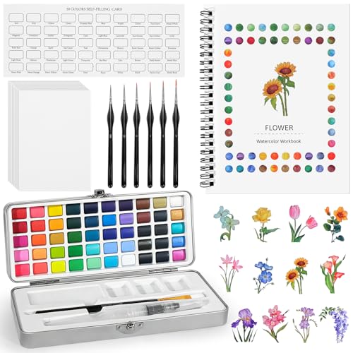 MicoSim Watercolor Workbook for Beginners 50 Colors Water Color Paint Set with Palette & Brushes Adult Coloring Book with 12 Beautiful Flower Patterns of Original DIY Designs