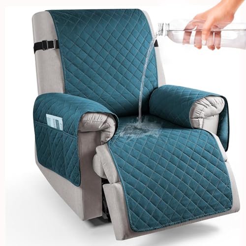 Image of HOKIPO 100% Waterproof Quilted Recliner Cover for 1 Seater with Side Pockets, Teal Blue (NEW-4971-TBL)