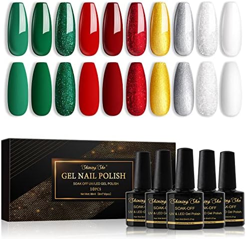 Shining She Gel Nail Polish Set, 10 Colors Nude Pink White Brown Glitter Gold Sliver Gel Polish Set Soak-Off UV/LED Manicure Gift for Women Nail Art Salon DIY Home, 8ML