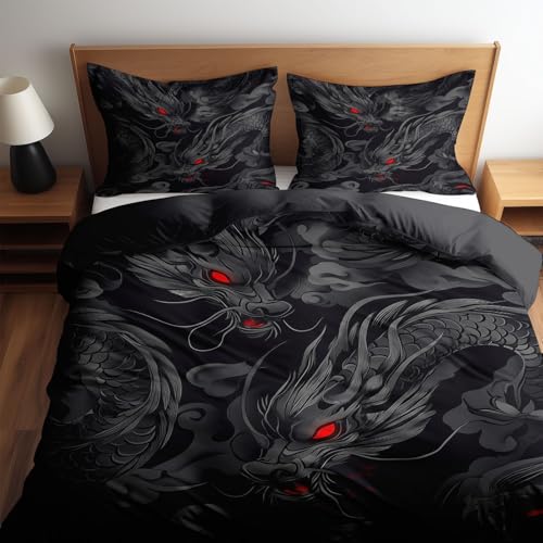 CozyRest Juego de Funda nórdica para niños, 150 x 200 cm Dragón Negro con Ojos Rojos 3 Piezas, Suave, cómodo, Negro, Reversible, Transpirable, Juego de Cama Negro